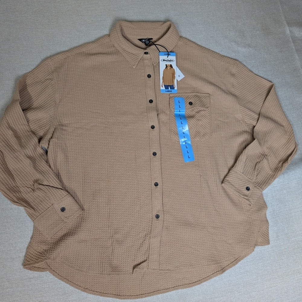 Buffalo Waffle Button Up Womens Large Brown NWT Knit Long Sleeve Shirt Pocket